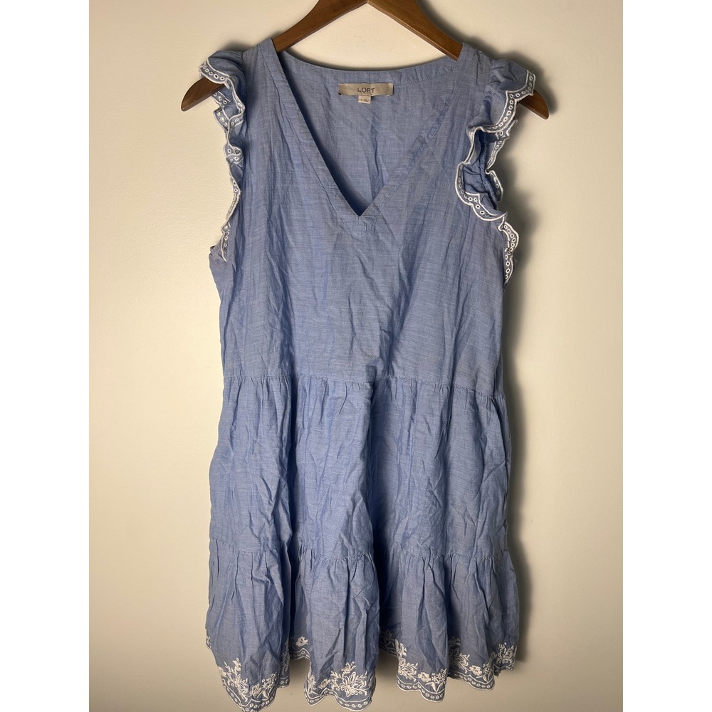 LOFT Tiered Eyelet Dress W Sm Blue Ruffle Sleeve Cotton Chambray Cottage Boho